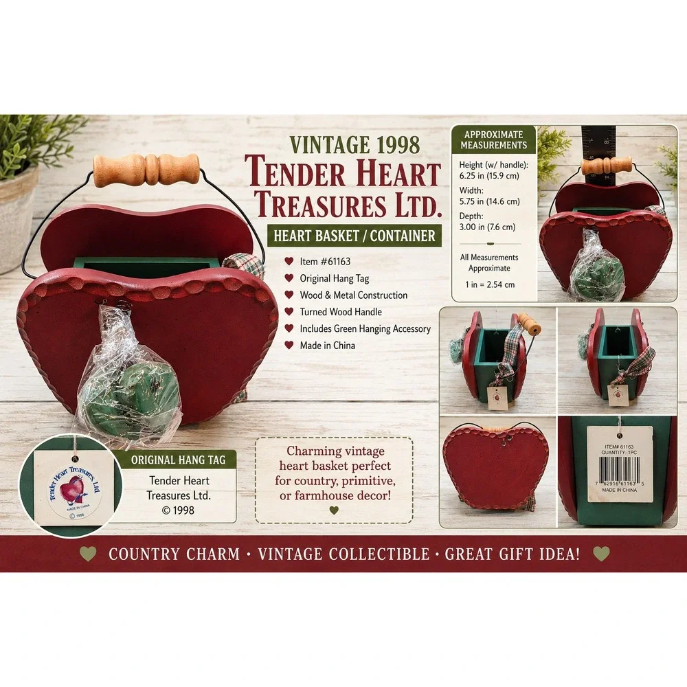 Vintage 1998 Tender Heart Treasures Ltd Heart Basket Wood Container 61163 Red